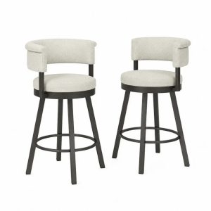 Barhocker 2er Set mit Armlehnen 54 x 54 x 91 cm Polyestergewebe Stahlgestell runde Sitzfläche Creme Schwarz