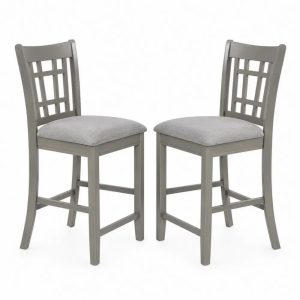 Barhocker 2er Set mit gepolsterter Sitzfläche Gitterrücken Kautschukholz Polyestergewebe Taupe Hellgrau 45 x 51 x 103 cm