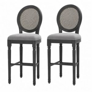 Barhocker 2er Set mit Rattanlehne und Polstersitz Kautschukholz Polyester Grau Schwarz Naturbeige 48 x 55 x 116 cm