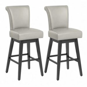Barhocker 2er Set mit Rückenlehne 48 x 55 x 107 cm PU Kunstleder Kautschukholz rechteckige Sitzfläche Grau Schwarz