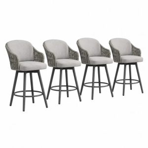 Barhocker 4er Set mit Armlehnen halbrunder Rückenlehne Polyestergewebe PE-Rattan Stahl Hellgrau Grau Schwarz 55 x 58 x 98 cm
