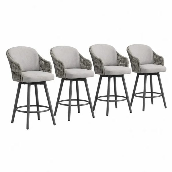 Barhocker 4er Set mit Armlehnen halbrunder Rückenlehne Polyestergewebe PE-Rattan Stahl Hellgrau Grau Schwarz 55 x 58 x 98 cm