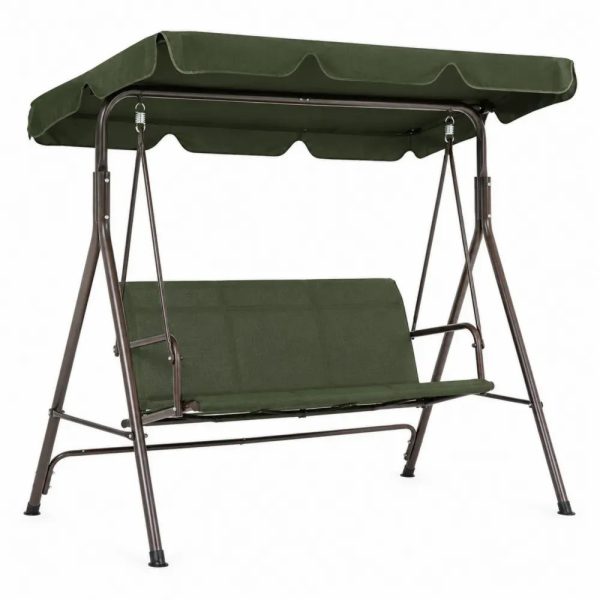 Hollywoodschaukel 3-Sitzer mit Sonnendach A-Gestell aus pulverbeschichtetem Stahl und Polyestergewebe Dunkelgrün Dunkelbraun 170 x 110 x 153 cm